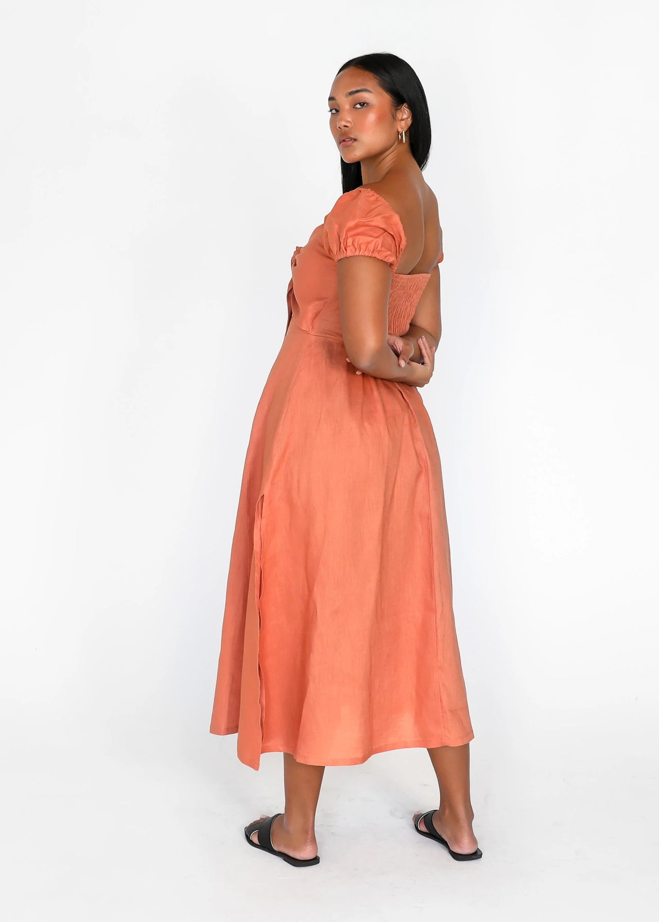 TEGAN RAE - AMERIE LINEN MIDI DRESS CLAY - STUDIO JO STORE  