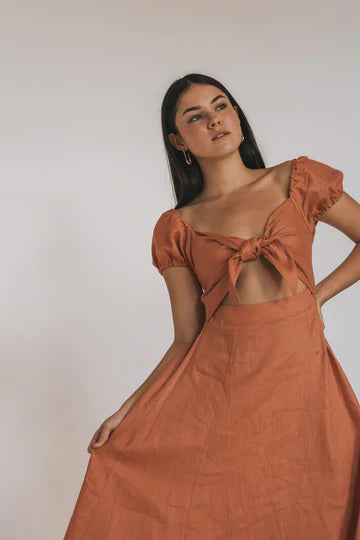 TEGAN RAE - AMERIE LINEN MIDI DRESS CLAY - STUDIO JO STORE  