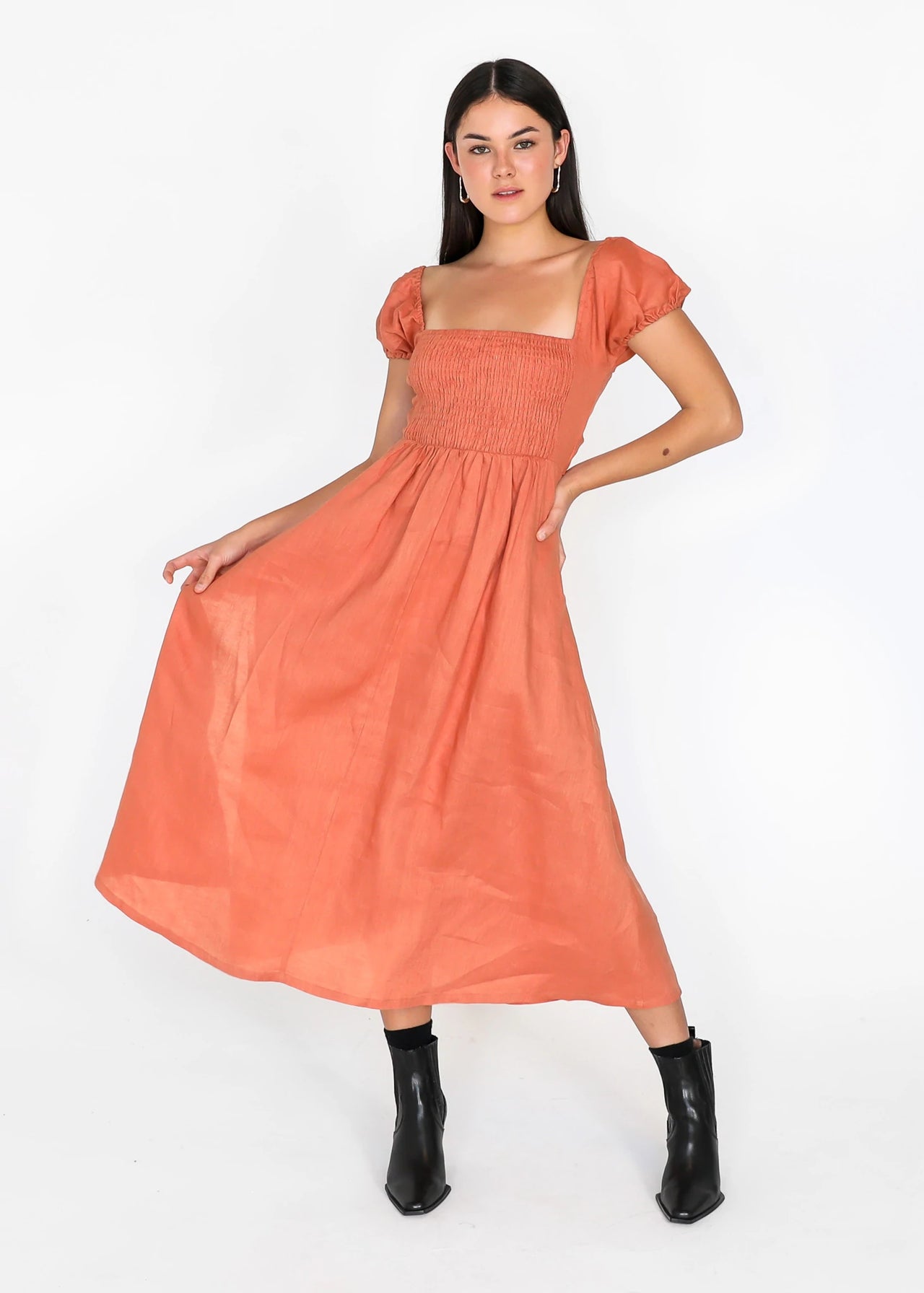 Amerie Linen Midi Dress - Burnt Orange - STUDIO JO STORE