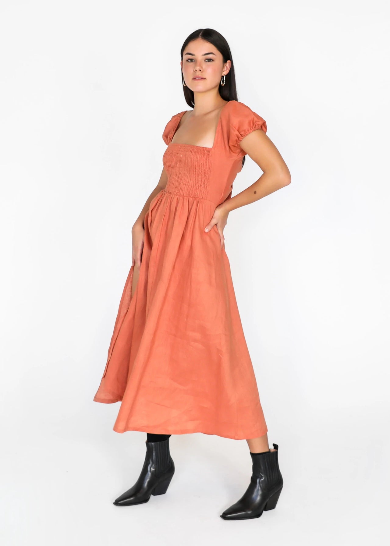 TEGAN RAE - AMERIE LINEN MIDI DRESS CLAY - STUDIO JO STORE  